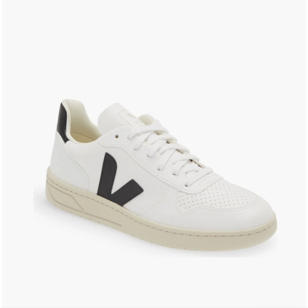 Veja V-10 Leather Sneakers in White with Black